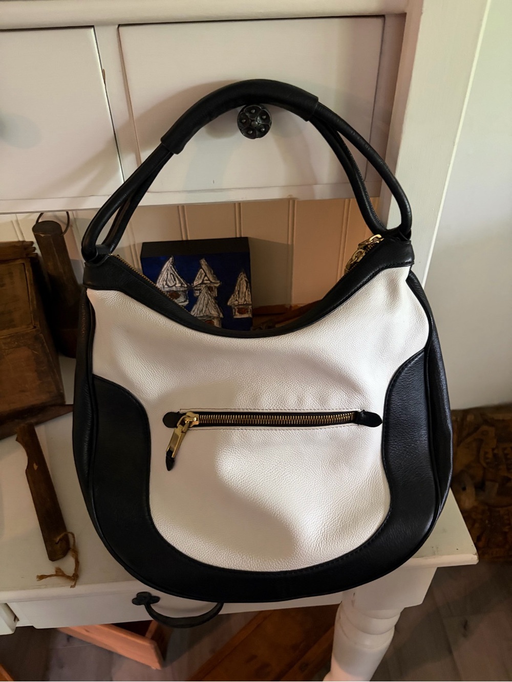J Crew Black and White Women’s Hobo Bag with Front Zip